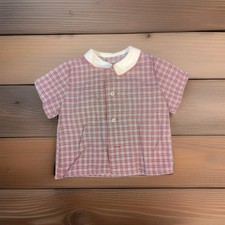 VTG 1950s 1960s Baby Shirt Red Plaid Peter Pan Collar Retro Rockabilly 6-12M...