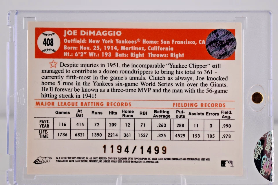 JOE DiMAGGIO 2007 E-Topps Refractor Uncirculated # 1499 Made - Image 3 of 4