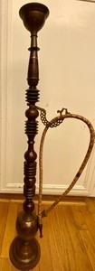 1970s Indian Hookah Water Pipe Ornate Etched/Painted Brass/Wood 37" LA,CAp/u