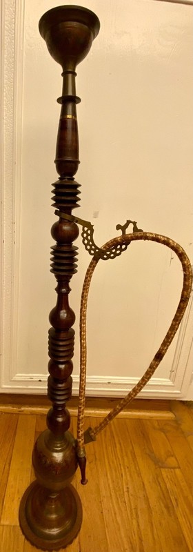 1970s Indian Hookah Water Pipe Ornate Etched/Painted Brass/Wood 37" LA,CAp/u