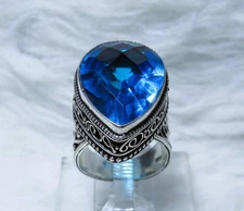 big, sterling silver 30ct. Blue Topaz (lab) Ring sz.9