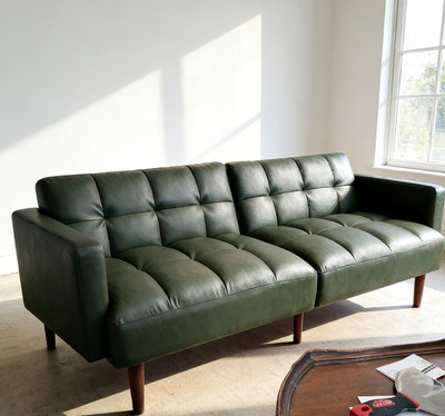 NEW 76'' Convertible Futon Sleeper, Sage Green Leather Sofa Bed Couch
