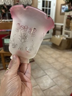 Cranberry Glass Antique Etched Oil Lamp Shade RARE! 1800’s