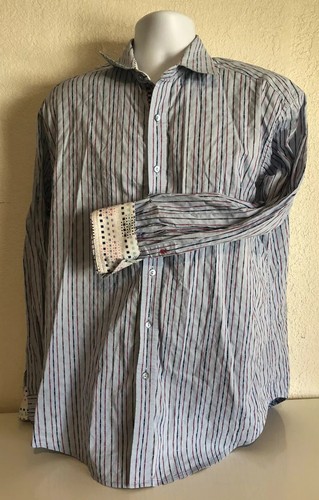 Robert Graham Button Front L/S Shirt Flip Cuffs Blue Stripe XL - Picture 2 of 10