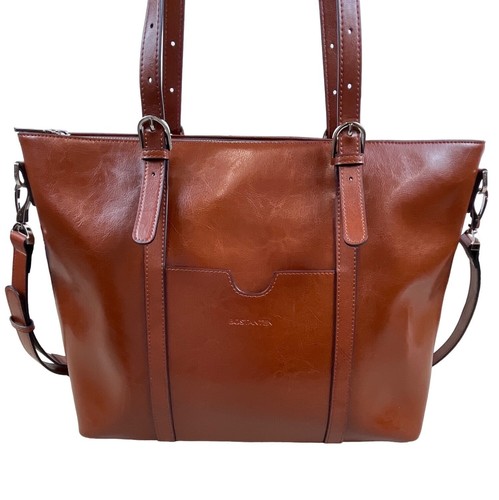 Bostanten Women's Brown Leather Laptop Tote Office Shoulder Tote Bag Size L
