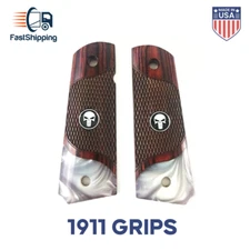 1911 Full Size Checkered Rosewood Grips Acrylic Pearl BOTTOM W/ BLACK PUNISHER
