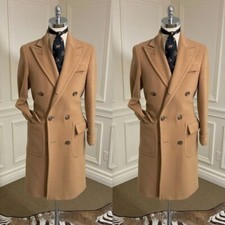Camel Wool Men's Overcoat Double Breasted Peak Lapel Winter Warm Outdoor Wear