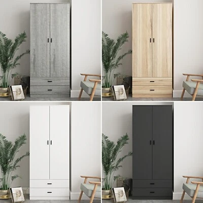 Tall Wooden 2 Door Wardrobe With 2 Drawers Bedroom Storage Hanging Bar Clothes