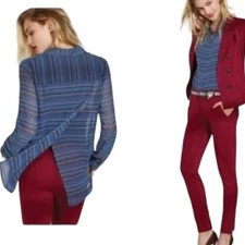 CABI Alex Sheer Split Back Blouse Blue Sz L #3330 EUC