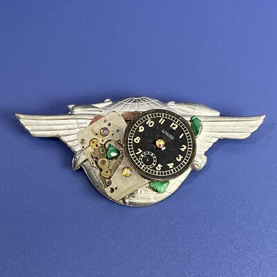 Vtg Handcrafted Steampunk Junk Pin Brooch Watch Parts Wings Semi-Precious Stones