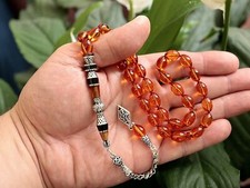 Handcrafted Tasbih collectible 925K silver inlaid pressed amber bakelite 505010