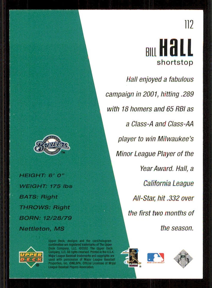 2002 Upper Deck Diamond Connection #112 Bill Hall DC /1500 - Image 2 of 2