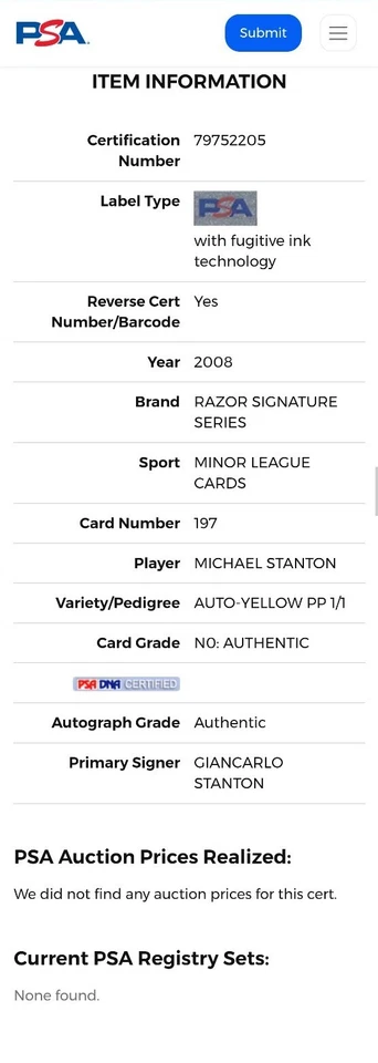 2008 Razor Mike Giancarlo Stanton Printing Plate 1/1 Signed PSA/DNA Auto POP 1 - Image 4 of 4