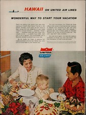 1959 United Airlines Hawaii on United Air Family Feasting Vintage Print Ad 2183