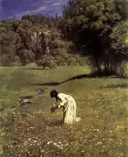 Oil painting Hans Thoma - Young girl gathering white flowers in spring landscape