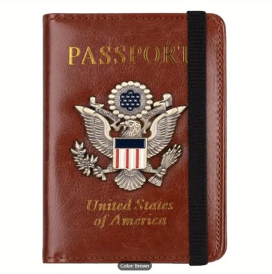 NEW BROWN PASSPORT CASE USA METAL EAGLE EMBLEM 3D  WALLET CREDIT CARD
