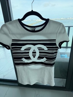 Chanel CC Logo Knit Short Sleeve Top White Black FR 36