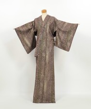 Brown Silk Tsumugi Kimono: Persian Pattern, Hitoe Robe Fair Condition 2609112