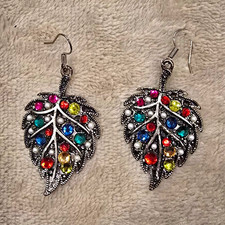 Leaf Shape Dangle Drop Earrings Multicolor Stone Hook Closure Fashion