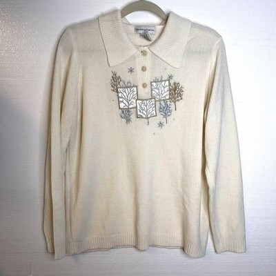 Drapers & Damons Ivory Christmas Winter Scene Embroidered Knit Sweater sz large