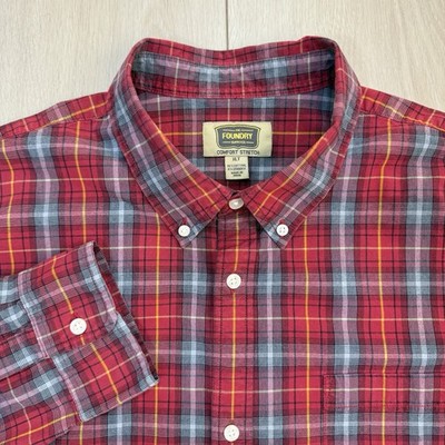Foundry Supply Co Mens XLT Plaid Button Down Shirt Red Gray Stretch Cotton