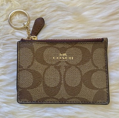 COACH MINI SKINNY ID CASE WALLET & KEY CHAIN BROWN SIGNATURE LOGO CANVAS/LEATHER