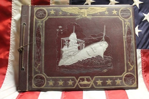 WWII World War 2 ERA Military THEMED Embossed LEATHER Photo ALBUM Scrapbook USA