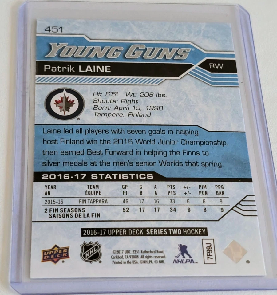 2016-17 Upper Deck #451 Patrik Laine YG RC - Image 2 of 2