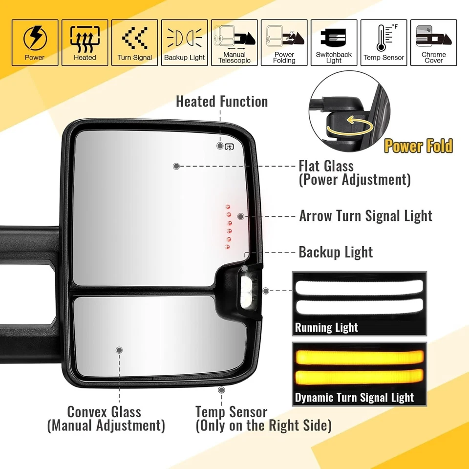 Chrome Tow Mirrors Power Fold For 2015-2019 Silverado GMC Sierra 2500HD 3500HD - Image 3 of 4