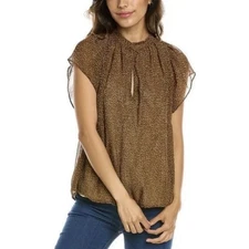 NWT Vince Starry Dot Shirred Neck Blouse Shirt Lined Brown XL Women $345