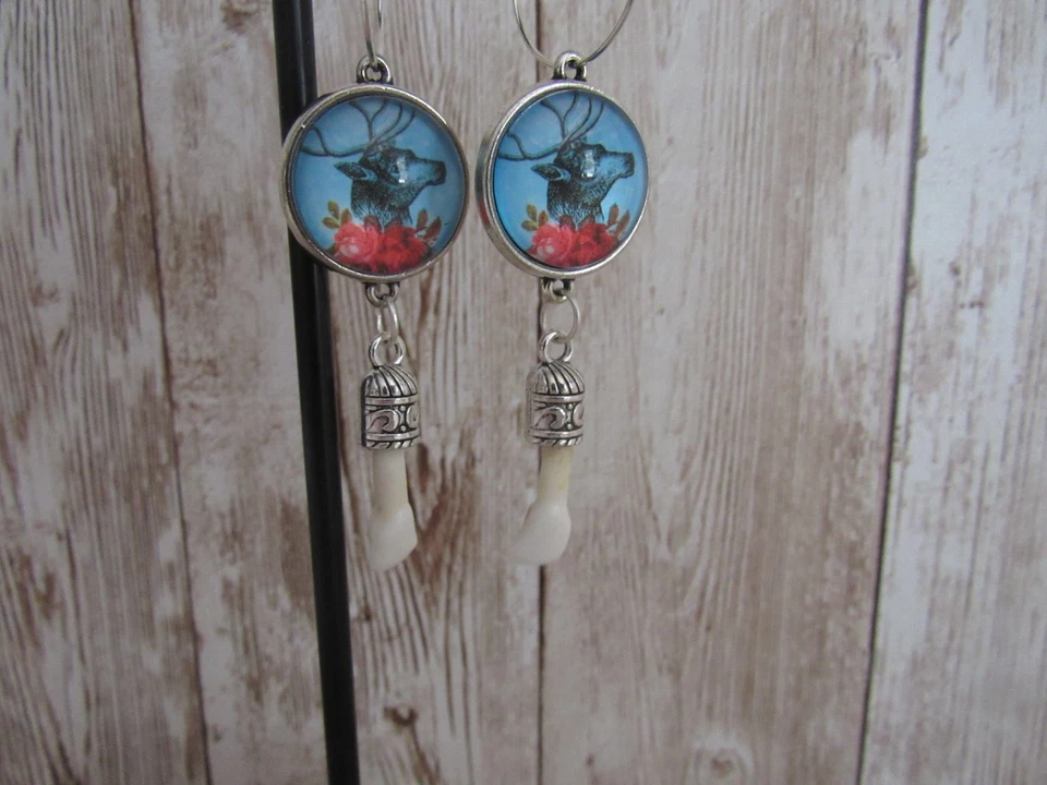 Deer Teeth Earrings Deer Glass Cabochon Animal Bone Spirit Animal Jewelry E689 - Image 2 of 4