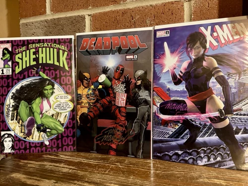 3 Marvel Comic Set DEADPOOL #1 + She-Hulk + Psylocke All Signed By Mike Mayhew