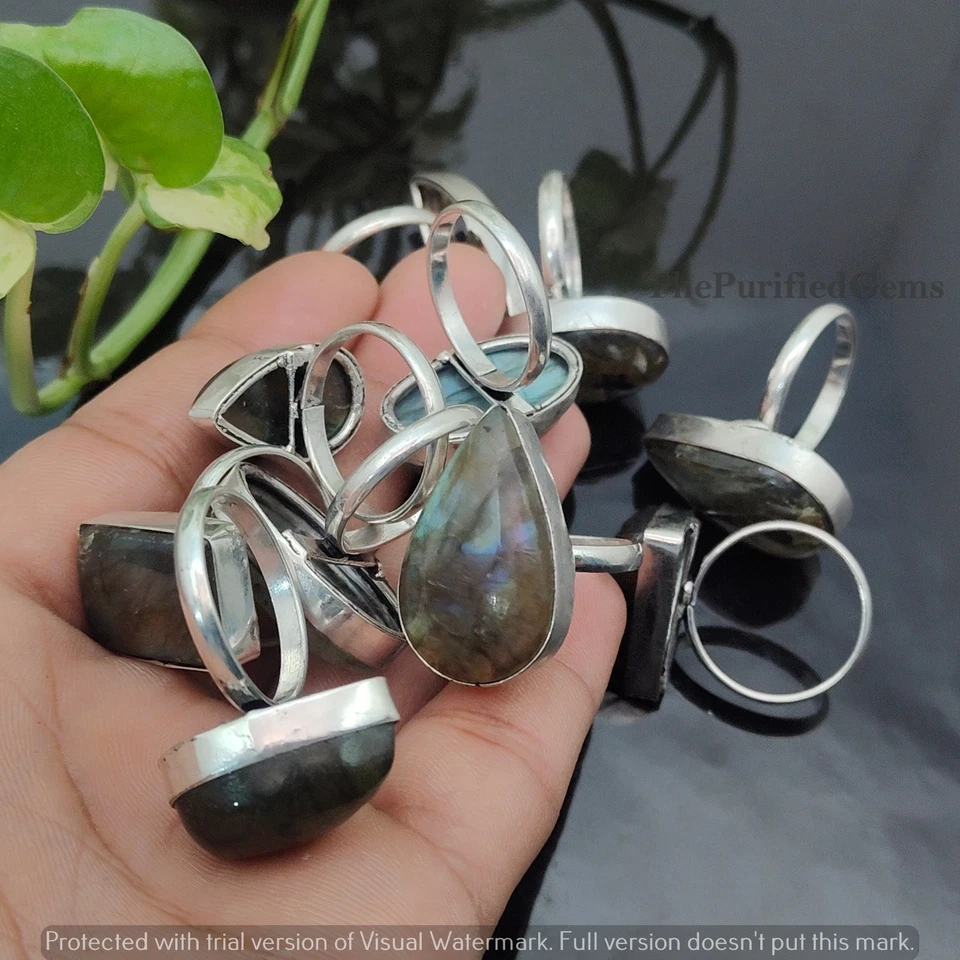 Lote de anillos surtidos de labradorita de fuego ~ anillos apilables enchapados en plata de ley 925 Foto 3 de 4