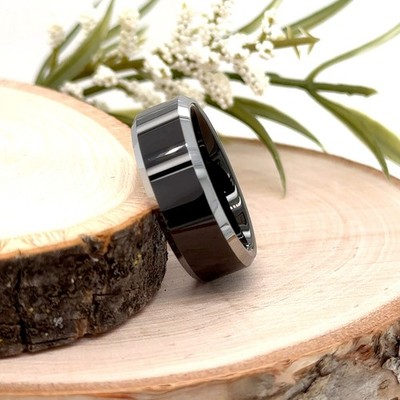 Durable 8mm Black Tungsten Ring Unisex Silver Brushed Finish Comfort Fit Band