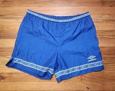 Vintage 90's Made In USA Umbro Geometric Logo Nylon Blue Soccer Shorts Medium