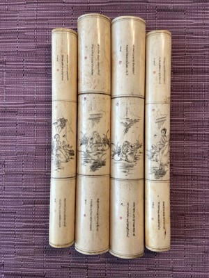 Antique Chinese bone scroll weights set of 4  Engraved sages LI Bai Poem weight