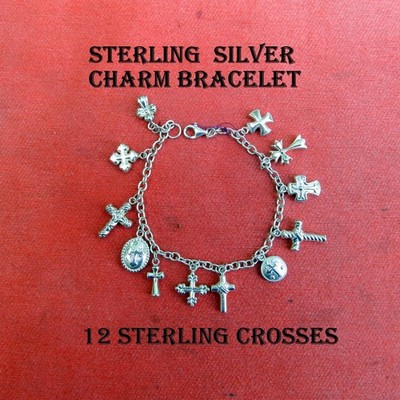 Jacmel Mauritius Sterling 8'' W/ 12 Unique Cross Charms  Bracelet  Vintage  Italy
