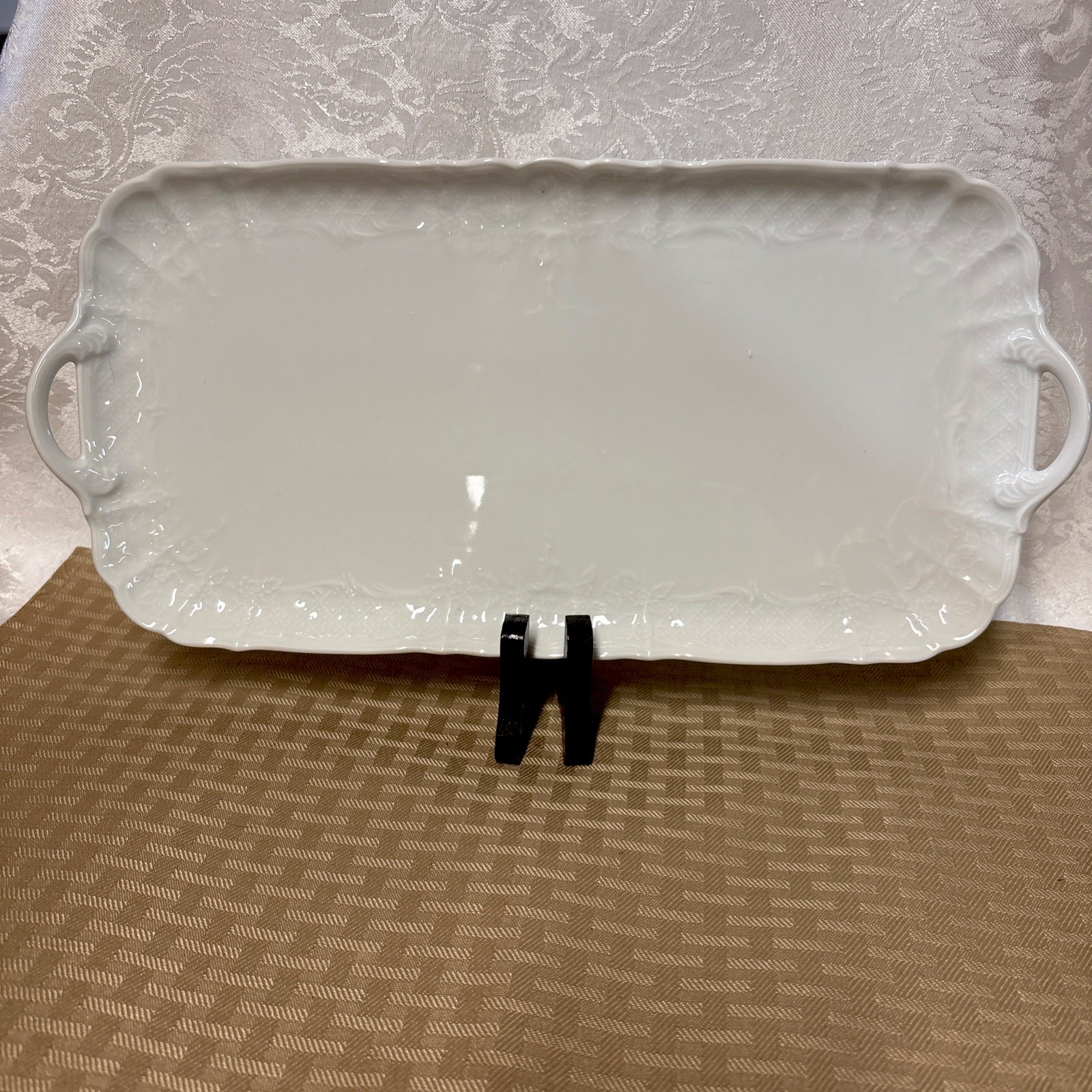 Vtg KAISER Germany White Porcelain Handled Embossed Rectangular Serving Tray