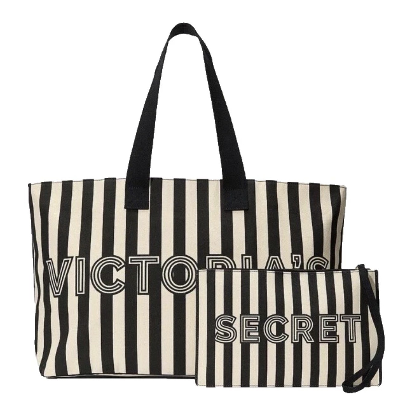 Victoria's Secret Logo Canvas Tote Bag & Wristlet Black White Stripe Bling VS
