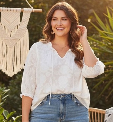 Rose + Olive Women s Floral Sheer  White Shirt Blouse Smocked Yoke Lined 1X Boho