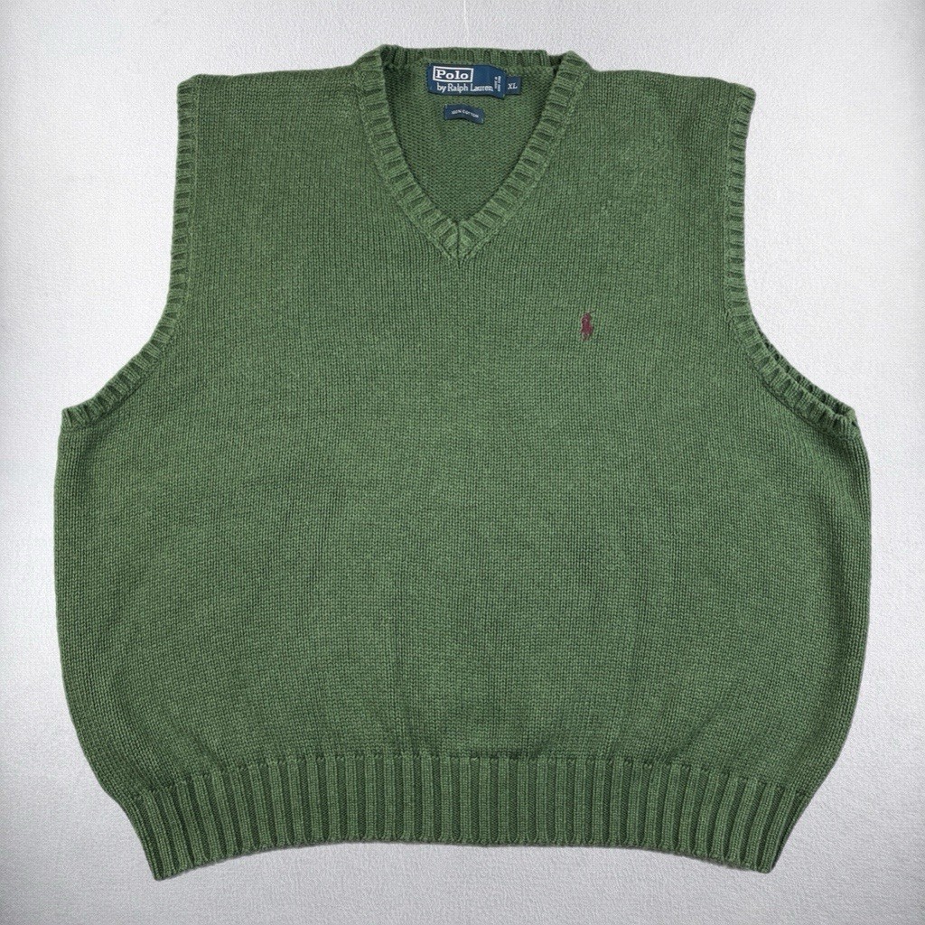 VTG Polo Ralph Lauren Sweater Vest Mens XL Green V Neck Pony Knit Golf 90s Y2K