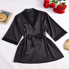 Women's Satin Lace Robe Kimono Bathrobe Sleepwear Loungewear Belted