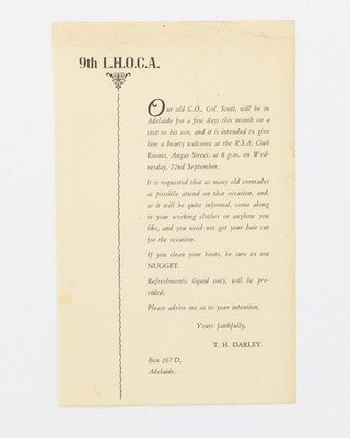 9th Light Horse Regiment / invitation to 'hearty welcome' to 'Our old C.O Col