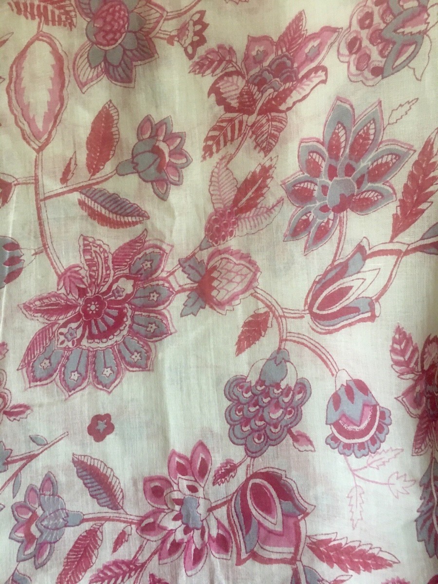 Vintage Block Printed Indienne Floral Light Voile Cotton Fabric 