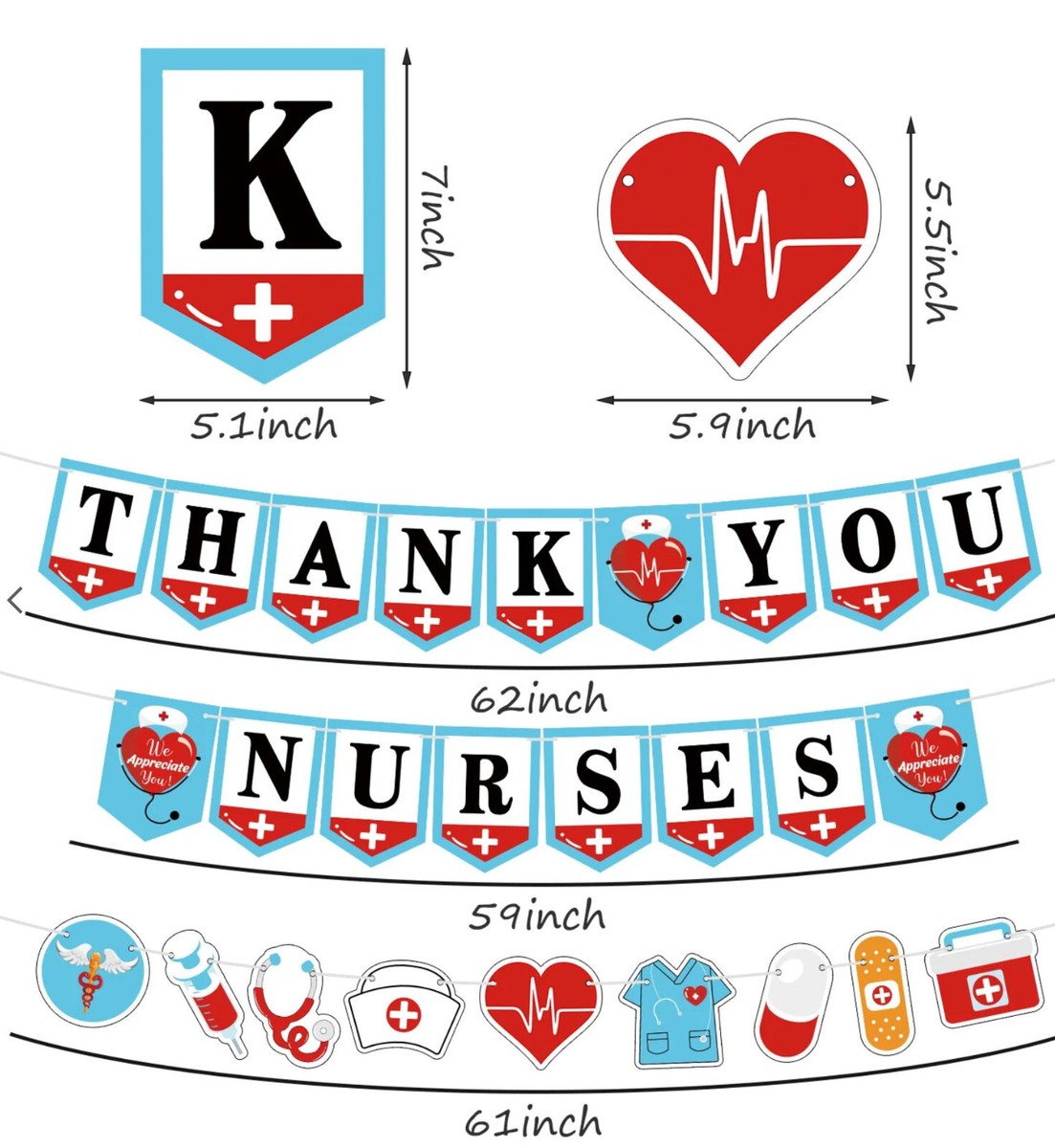 Nurse Appreciation Banner - Red & Blue Glitter 'Thank You Nurses' Garland For Nurse Week, Graduation, Party Decor