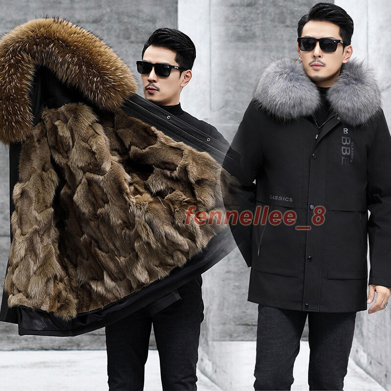 Men's Real Fox Fur Lined Jacket Real Raccoon Fur Collar Coat Warm