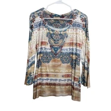 Style & Co Blouse Women's Petite Large Printed Colorful Boho 3/4 Sleeve Casual