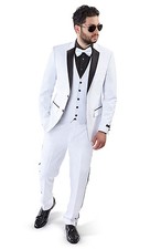 Slim Fit Men Suit White Tuxedo 2 Button Black Satin Collar 3 Piece Vested AZAR