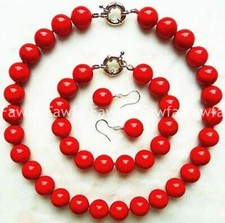 Genuine 8/10/12/14mm Red South Sea Shell Pearl Necklace Bracelet Earrings Set AA