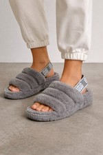 UGG Size 7 Gray Fluff Yeah Shearling Slingback Slippers Slides Cozy Casual EU 38
